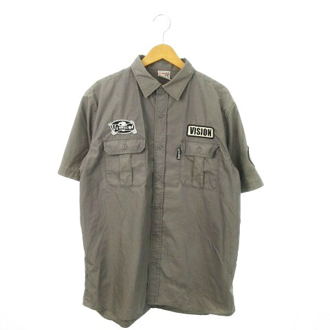 【中古】ヴィジョン ストリート ウェア VISION STREET WEAR ワークシャツ 半袖 ロゴ ワッペン オーバーサイズ LL チャコールグレー /MN6 ■GY18 メンズ 【ベクトル 古着】 251007