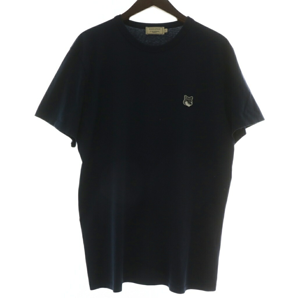 【中古】メゾンキツネ MAISON KITSUNE Tシャツ カットソー 半袖 クルーネック グレーフォックスヘッドロゴ ワッペン L 紺 ネイビー /XZ ■GY18 メンズ 【ベクトル 古着】 250926