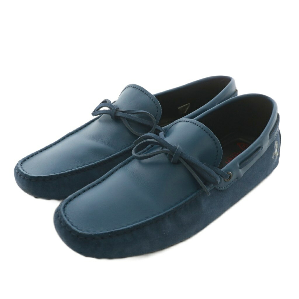 【中古】トッズ TOD'S フェラーリ Ferrari ゴンミーニ ドライビングシューズ ローファー スエード レザー リボン ロゴ 刺繍 6.5 25.5cm 青 ブルー /XZ ■GY18 メンズ 【ベクトル 古着】 251023