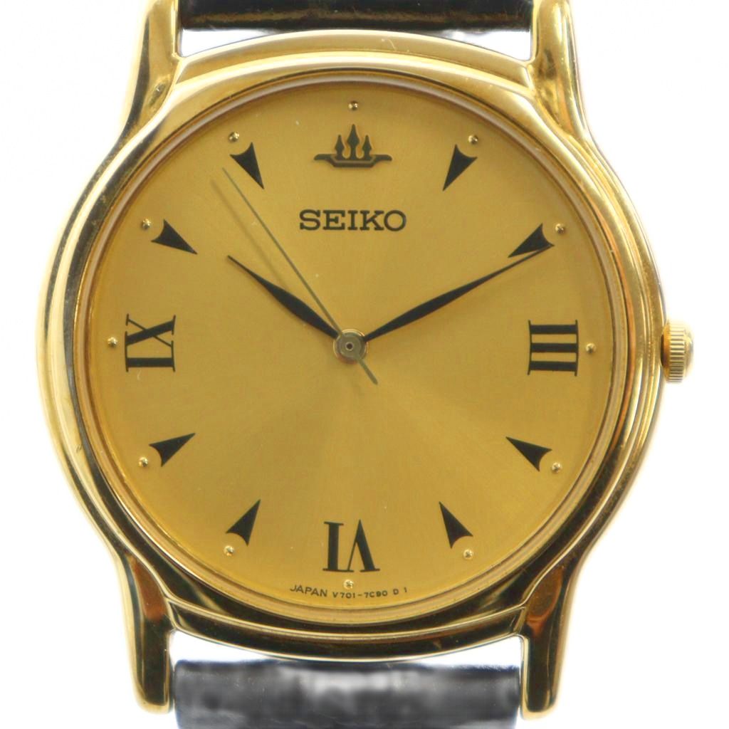 【中古】セイコー SEIKO V701-7A80 腕時計 ウォッチ クォーツ ローマン レザーベルト ロゴ ゴールド色 ■GY18 /MQ メンズ 【ベクトル 古着】 251203