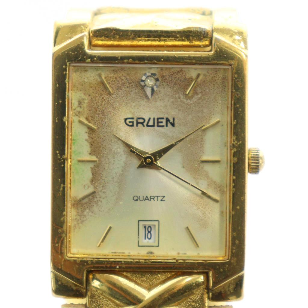 【中古】グリュエン GRUEN ジャンク品 ウオッチ ヴィンテージ アンティーク ご覧なさる 石英 レクタンギュラー デイト ゴールド色つや 金色 ■GY11 /MQ メンズ 【ベクター 古着】 251205