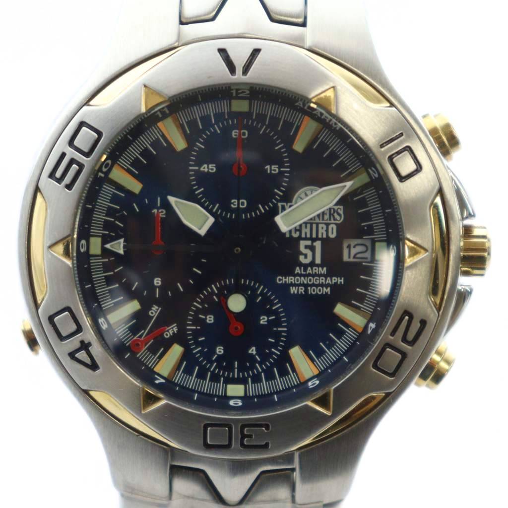 【中古】シチズン CITIZEN ジャンク品 2005年 MLB 262安打達成記念 腕時計 イチロー ウォッチ 51 クォーツ 青文字盤 クロノグラフ デイト シルバー色 ■GY11 /MQ メンズ 【ベクトル 古着】 251204