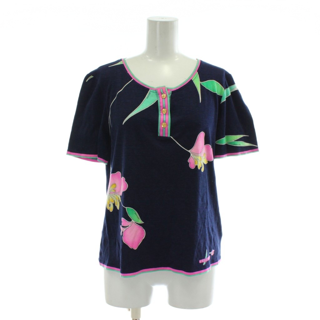 【中古】レオナール LEONARD ファッション FASHION Tシャツ カットソー 半袖 ヘンリーネック 花柄 総柄 ロゴ 金ボタン L 紺 ネイビー /XZ ■GY35 レディース 【ベクトル 古着】 251118