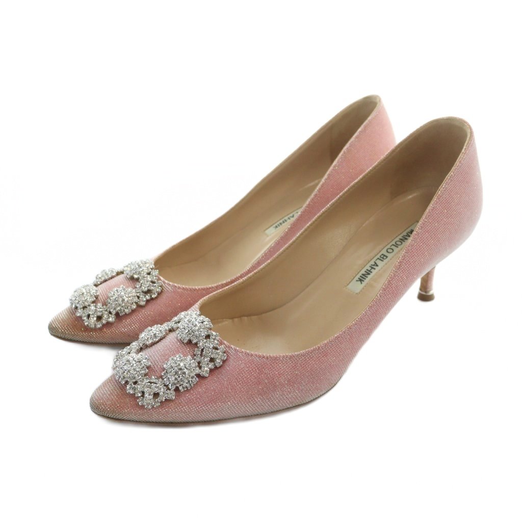 【中古】マノロブラニク MANOLO BLAHNIK パンプス ハンギシ ビジュー ラメ ポインテッドトゥ 37 24.5cm ピンク ■GY19 /MQ レディース 【ベクトル 古着】 251204