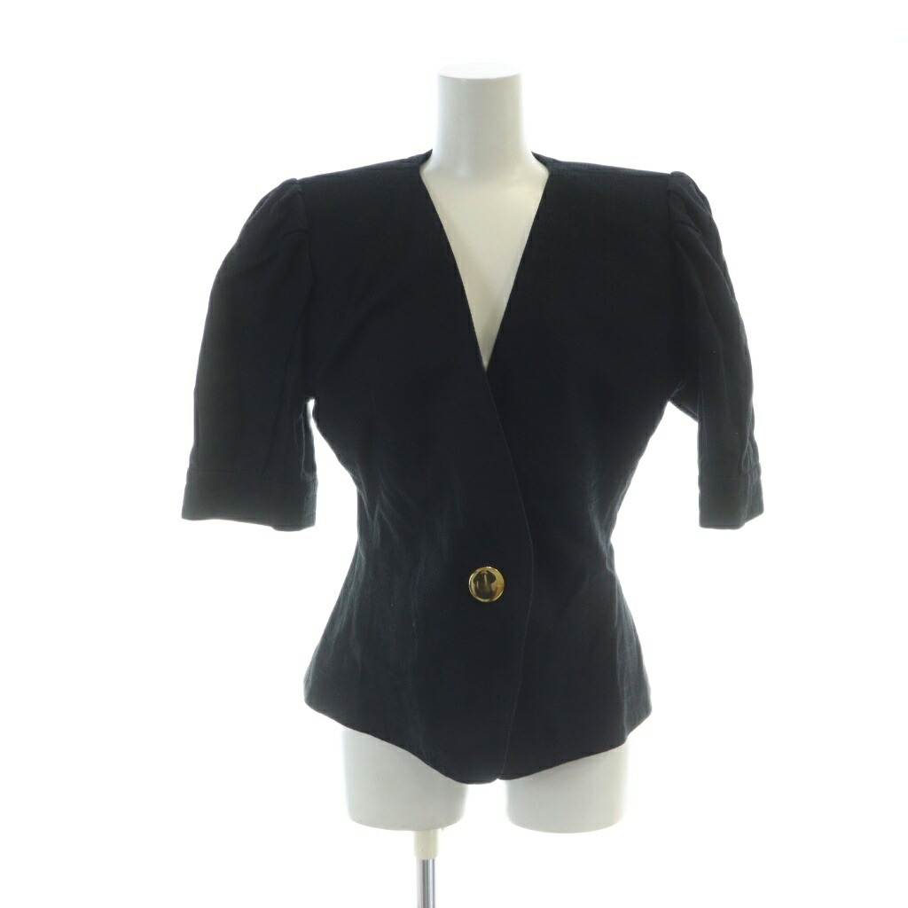 【中古】イヴサンローラン YVES SAINT LAURENT ヴィンテージ ノーカラー ジャケット ショート 金ボタン シングル Vネック 麻 リネン M 黒 ブラック ■GY18 /MQ レディース 【ベクトル 古着】 251213