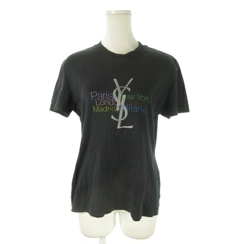 【中古】イヴサンローラン YVES SAINT LAURENT Tシャツ L 黒 ブラック YSLロゴ ロゴTシャツ 都市名 マルチカラー WN89-422 /AO11 ■GY18 レディース 【ベクトル 古着】 251217