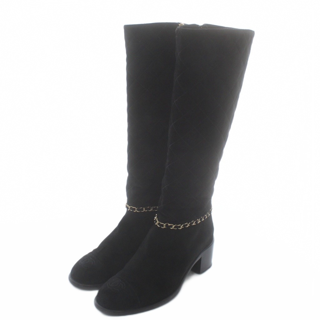 【中古】シャネル CHANEL ロングブーツ スエードクロス キルティング チェーン店 ココマーク 38C 24.5珊 黒 黒いこと G35090 /XZ ■GY18 レディース 【ベクター 古着】 260112