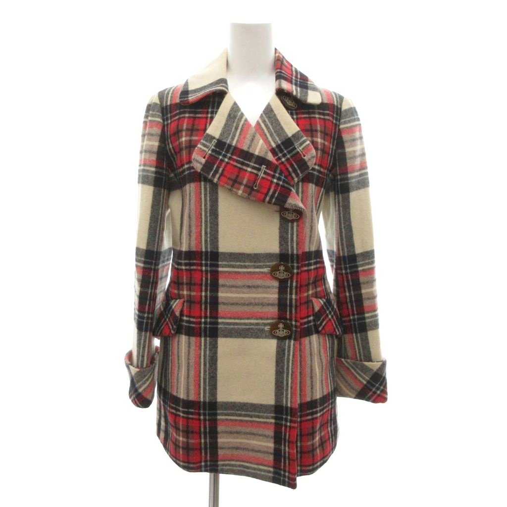 【中古】ヴィヴィアンウエストウッドレッドレーベル Vivienne Westwood RED LABEL P厚地の外套 ピーコート ダブル前胸部 2 ベージュ系 マルチ色つや 照合のしるし柄 /UO ■GY18 レディース 【ベクター 古着】 260119