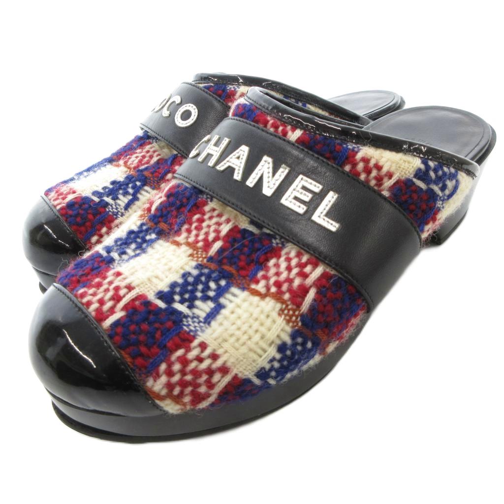 【中古】シャネル CHANEL 下駄 サンダル ミュール なめし革 ツィード ココ ロゴタイプ 36 黒 黒いこと マルチ色合い /JS ■GY18 レディース 【ベクター 古着】 260130