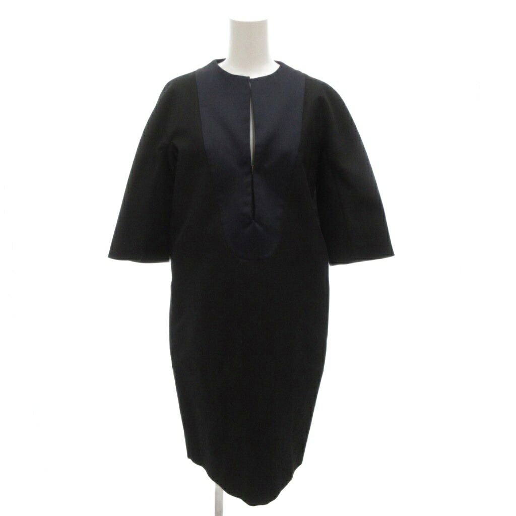 【中古】セリーヌ CELINE フィービー期  衣裳 地絹混 36 紺 米国海軍 キーネックネック ひざ丈 七分袖 /FF ■GY19 レディース 【ベクター 古着】 260119