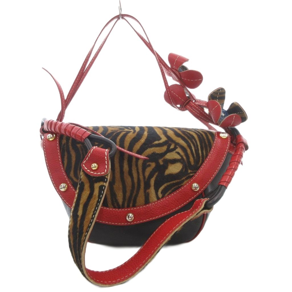 【中古】フルッティディボスコ FRUTTI DI BOSCO ハンドバッグ ワンショルダー 2WAY ハラコ レザー ゼブラ柄 フラワー装飾 黒 ブラック 赤 レッド /GV ■GY18 レディース 【ベクトル 古着】 260210