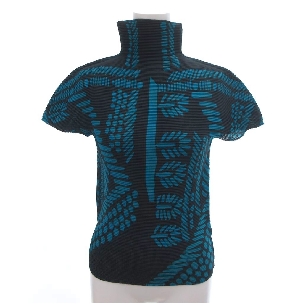 【中古】ミーイッセイミヤケ me ISSEY MIYAKE プリーツ カットソー Tシャツ 半袖 ハイネック 総柄 ボタニカル柄 黒 ブラック 青 ブルー ■GY18 /TZ レディース 【ベクトル 古着】 260128
