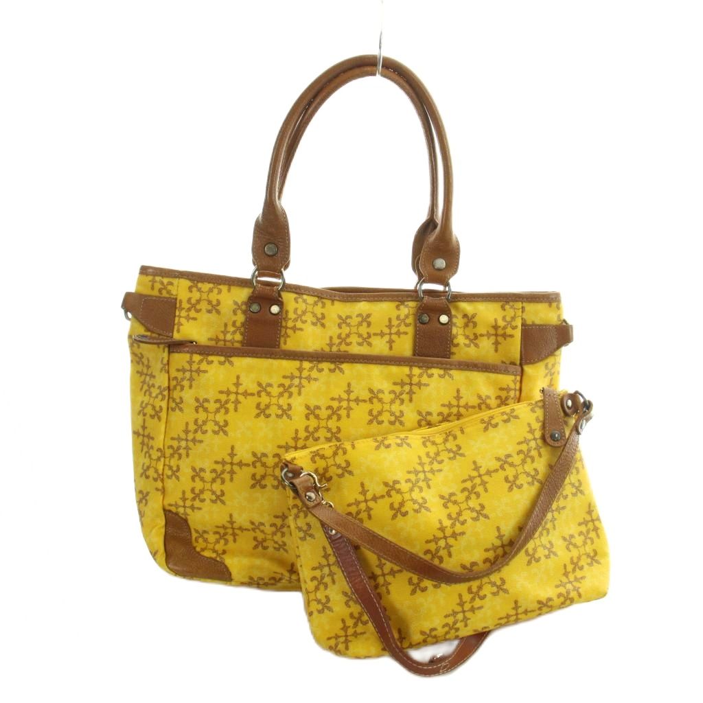 【中古】ラシット RUSSET トートバッグ ショルダー 2WAY ハンド レザー 総柄 ポーチ付き 黄 イエロー ■GY47 /MQ レディース 【ベクトル 古着】 260324