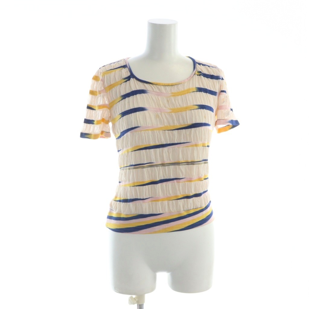 【中古】ミッソーニ MISSONI カットソー シースルー 半袖 ロゴ ボーダー 42 M マルチカラー ■GY44 /MQ レディース 【ベクトル 古着】 260204