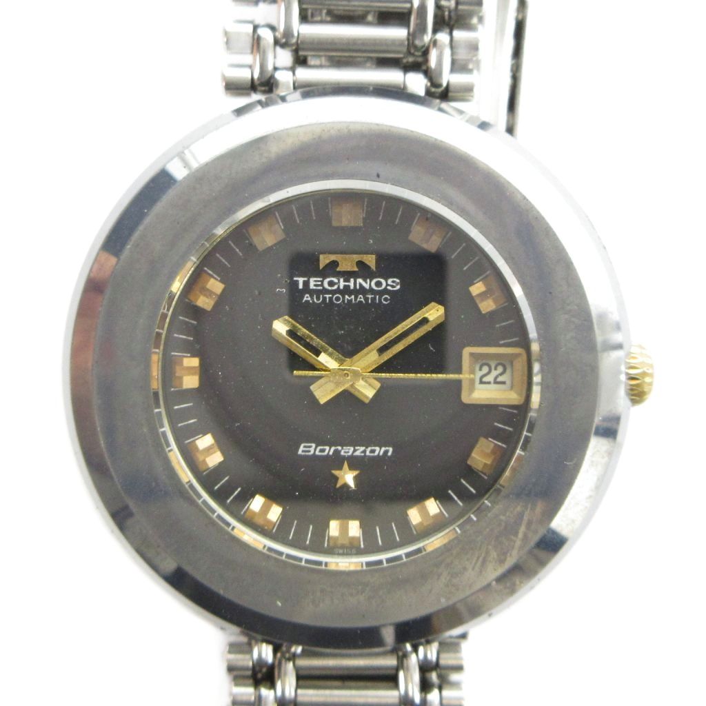 【中古】テクノス TECHNOS Borazon ボラゾン 腕時計 ヴィンテージ アンティーク ウォッチ 自動巻き デイト カレンダー付き 黒文字盤 シルバー色 ■GY11 /MQ メンズ 【ベクトル 古着】 260410