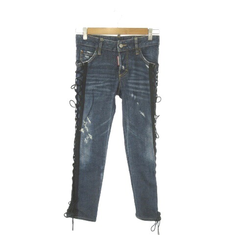 【中古】ディースクエアード DSQUARED2 デニムパンツ ジーンズ 34 紺 ネイビー インディゴ スキニー レースアップ ダメージ加工 /AO37 ■GY99 レディース 【ベクトル 古着】 260302