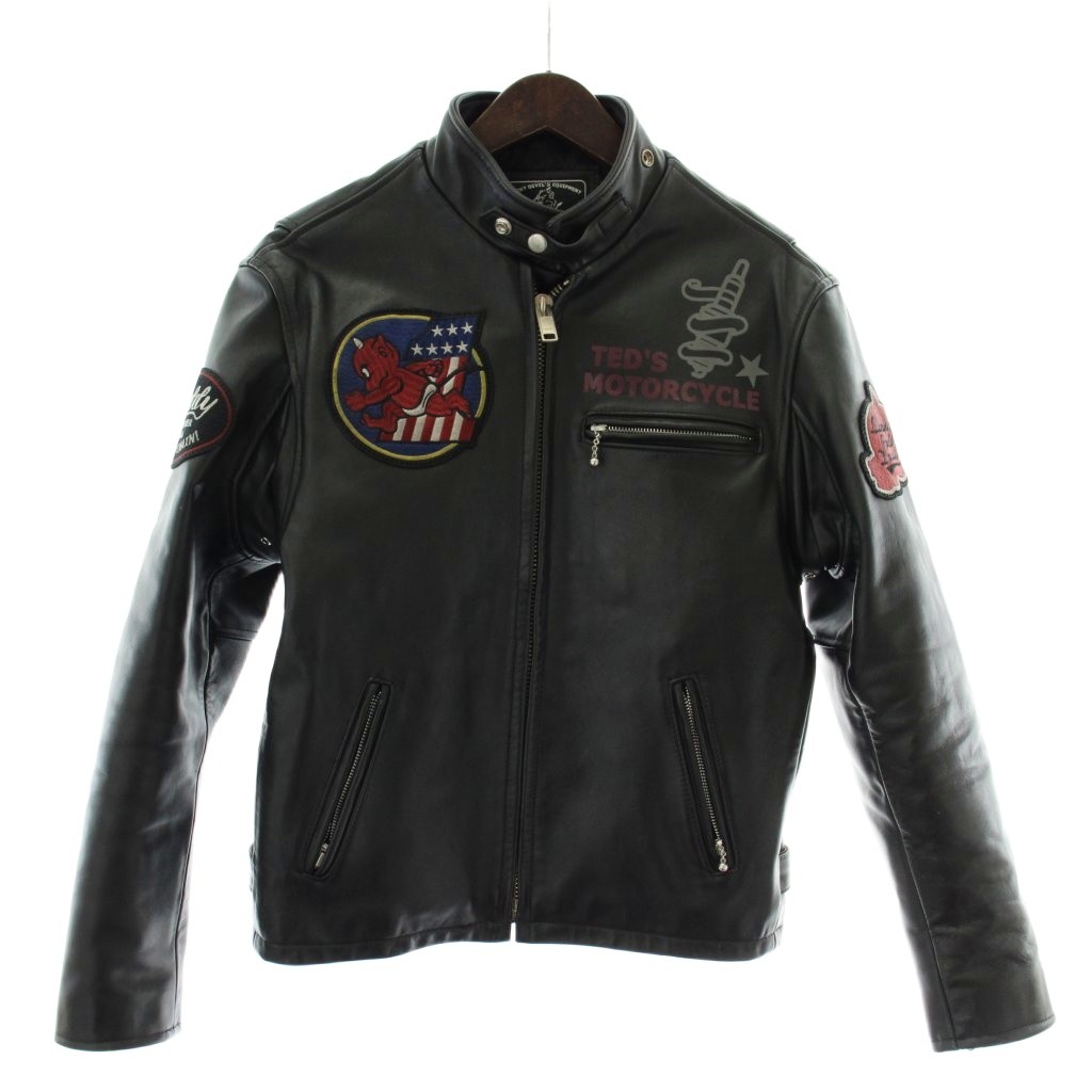 【中古】テッドマン TEDMAN ライダースジャケット 革ジャン アウター 牛革 レザー シングル 中綿 ジップアップ ワッペン プリント 40 黒 ブラック /XZ ■GY18 メンズ 【ベクトル 古着】 260205