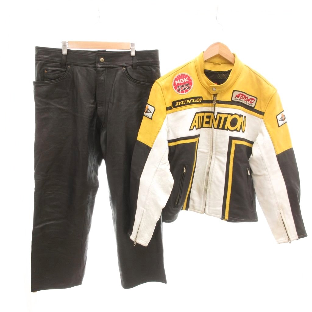 【中古】アテンション ATTENTION セットアップ レーシングレザージャケット ライダース シングル レザーパンツ ワッペン XL 黄 イエロー 黒 ブラック /YJ メンズ 【ベクトル 古着】 260220