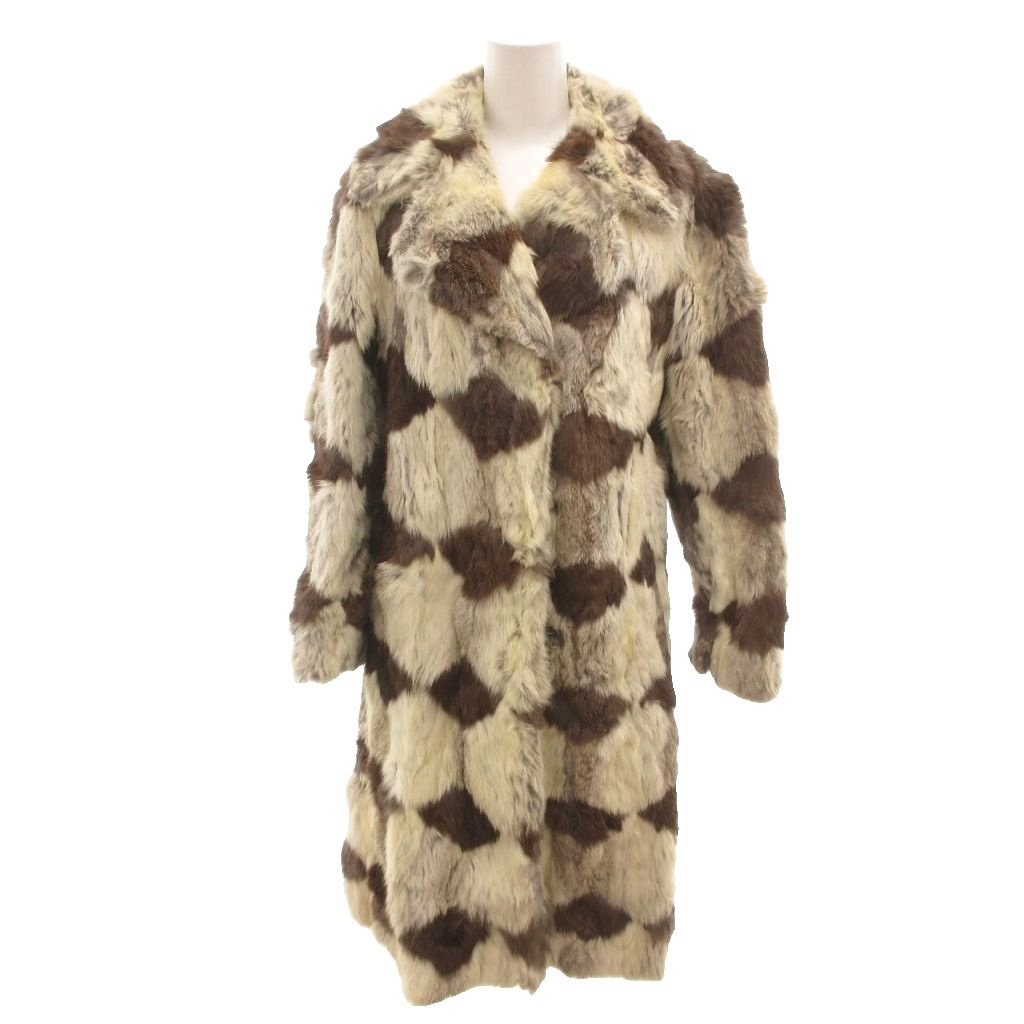 【中古】オンワード Onwara Fur リアルファーコート ラビットファー ロング丈 毛皮 パッチワーク柄 L 白 ホワイト 茶 ブラウン /YJ ■GY11 レディース 【ベクトル 古着】 260220