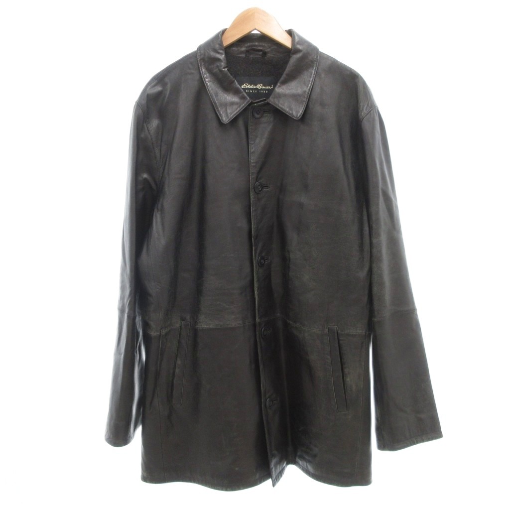 【中古】エディーバウアー EDDIE BAUER レザーコート ステンカラー 羊革 XL 黒 ブラック /UO ■GY18 メンズ 【ベクトル 古着】 260214