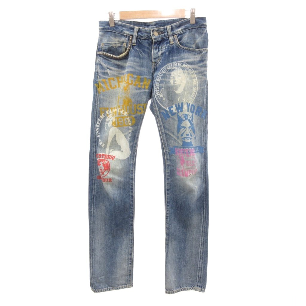 【中古】ヒステリックグラマー HYSTERIC GLAMOUR デニムパンツ ジーンズ XXS インディゴブルー ヒスガール プリント ダメージ加工 スタッズ /JS ■GY18 メンズ 【ベクトル 古着】 260224
