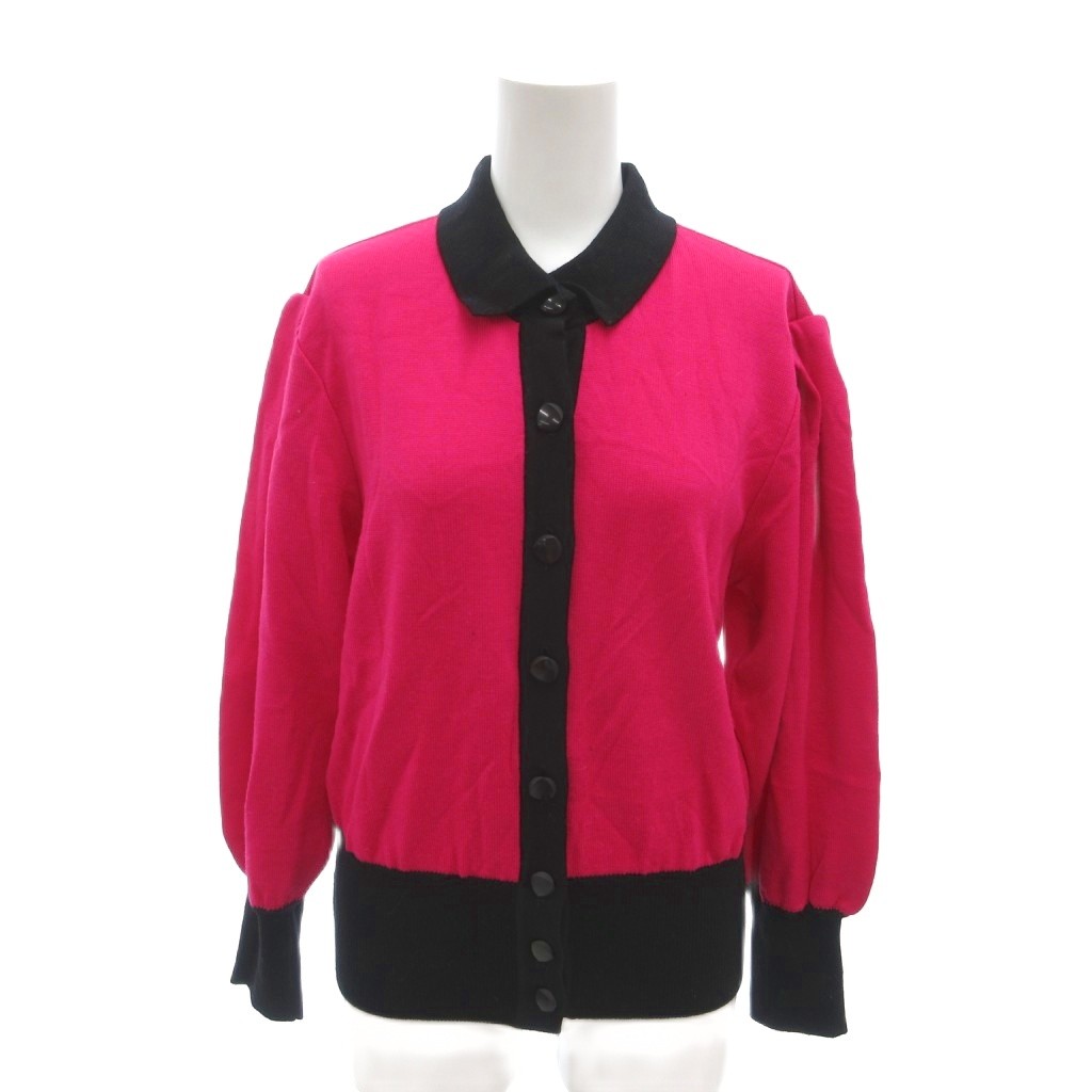 【中古】イヴサンローラン YVES SAINT LAURENT ヴィンテージ カーディガン ポロニット バイカラー ギャザースリーブ ウール M ショッキングピンク 黒 ブラック /YJ ■GY18 レディース 【ベクトル 古着】 260320