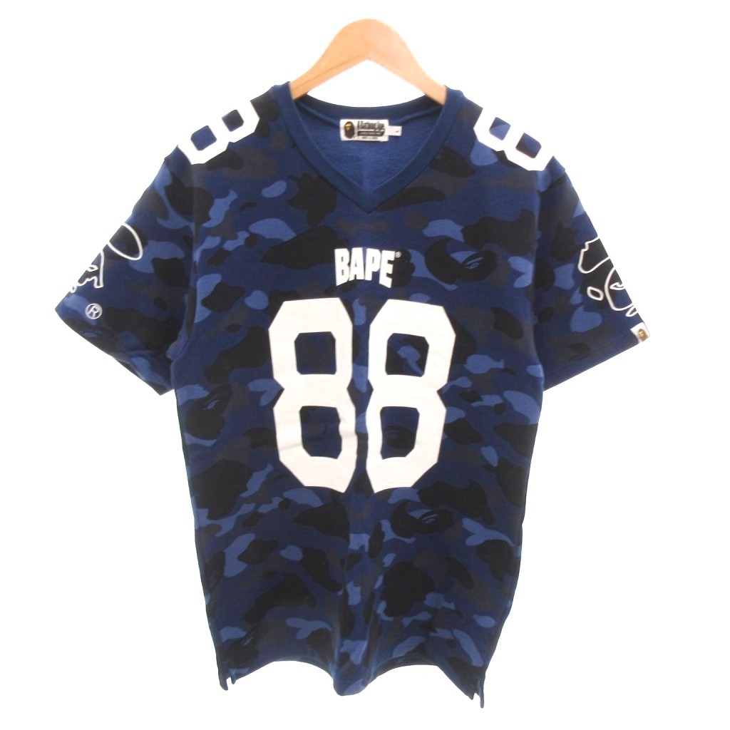 【中古】アベイシングエイプ A BATHING APE COLOR CAMO FOOTBALL V NECK スウェット トレーナー 半袖 カモフラ 迷彩柄 ロゴ L 青 ブルー /YJ ■GY18 メンズ 【ベクトル 古着】 260321