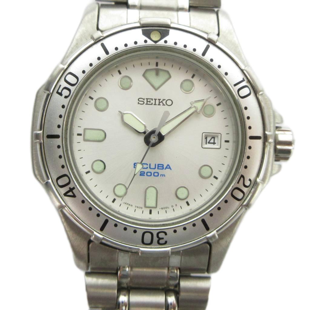 【中古】セイコー SEIKO 7N35-6000 SCUBA スキューバ 200M 腕時計 ダイバー ダイバーズ ウォッチ クォーツ 白文字盤 デイト カレンダー付き シルバー色 ■GY18 /MQ メンズ 【ベクトル 古着】 260416
