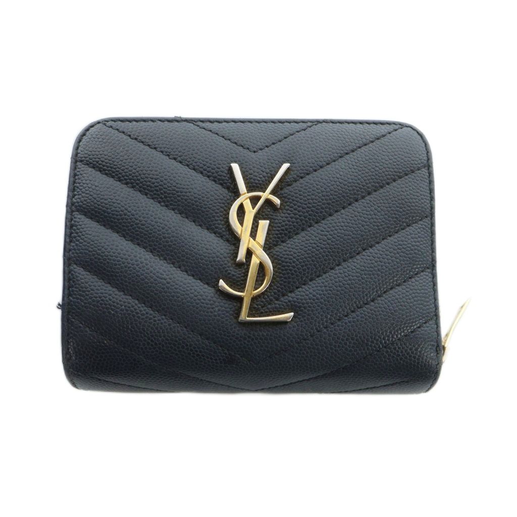 【中古】イヴサンローラン YVES SAINT LAURENT モノグラム コンパクトジップ アラウンド ウォレット 二つ折り財布 レザー カサンドラ ロゴ ラウンドファスナー 黒 ブラック ■GY18 /MQ レディース 【ベクトル 古着】 260303