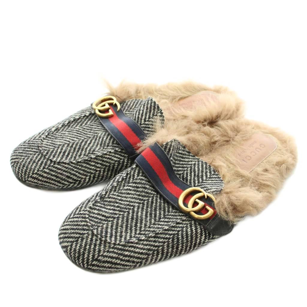 【中古】グッチ GUCCI 大公町 サンダル 家庭用スリッパ 羊毛 毛革 杉綾模様 ウェブストライプ GGロゴタイプ ゴールド金具 薄墨色 赤銅色 赤銅色 /XZ ■GY68 メンズ 【ベクター 古着】 260226
