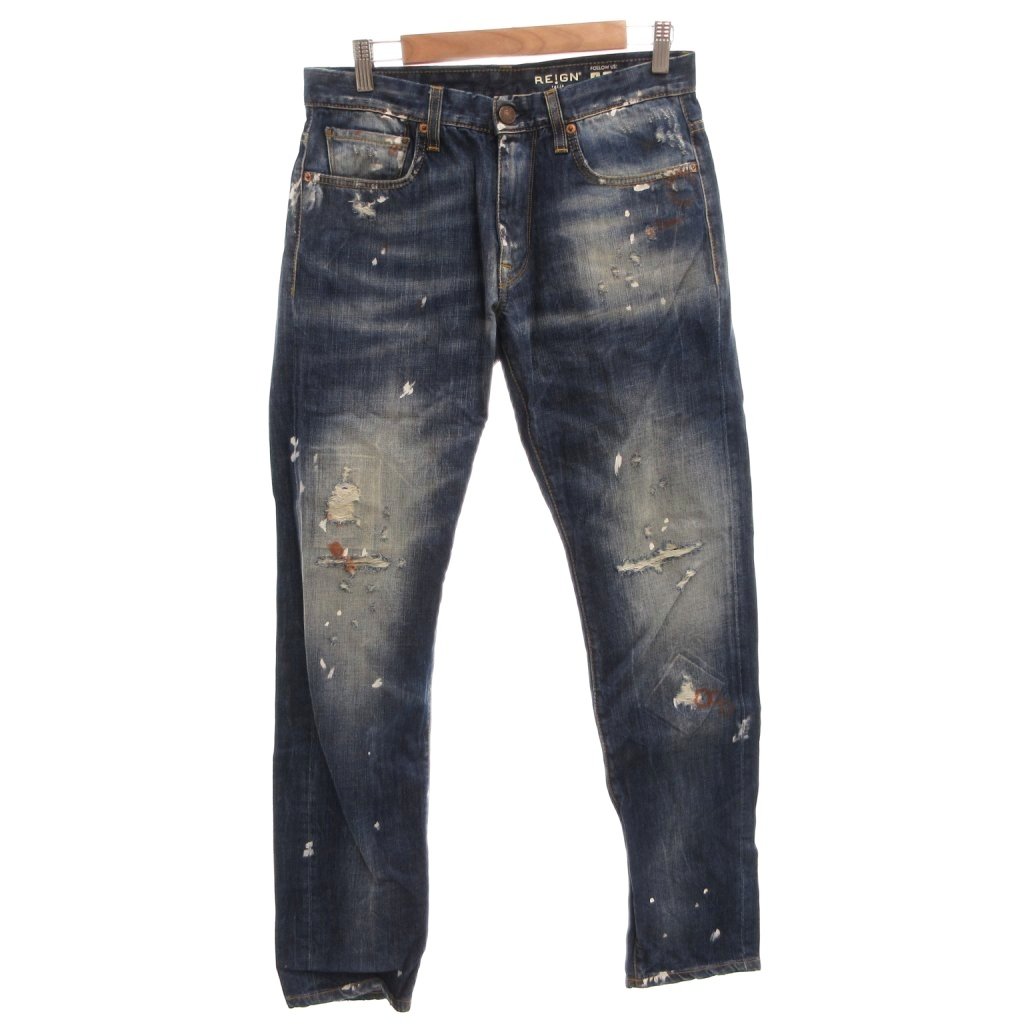 【中古】レイン イタリア REIGN ITALIA デニムパンツ ジーンズ ダメージ加工 ペイント 31 インディゴ /FF ■GY12 メンズ 【ベクトル 古着】 260328