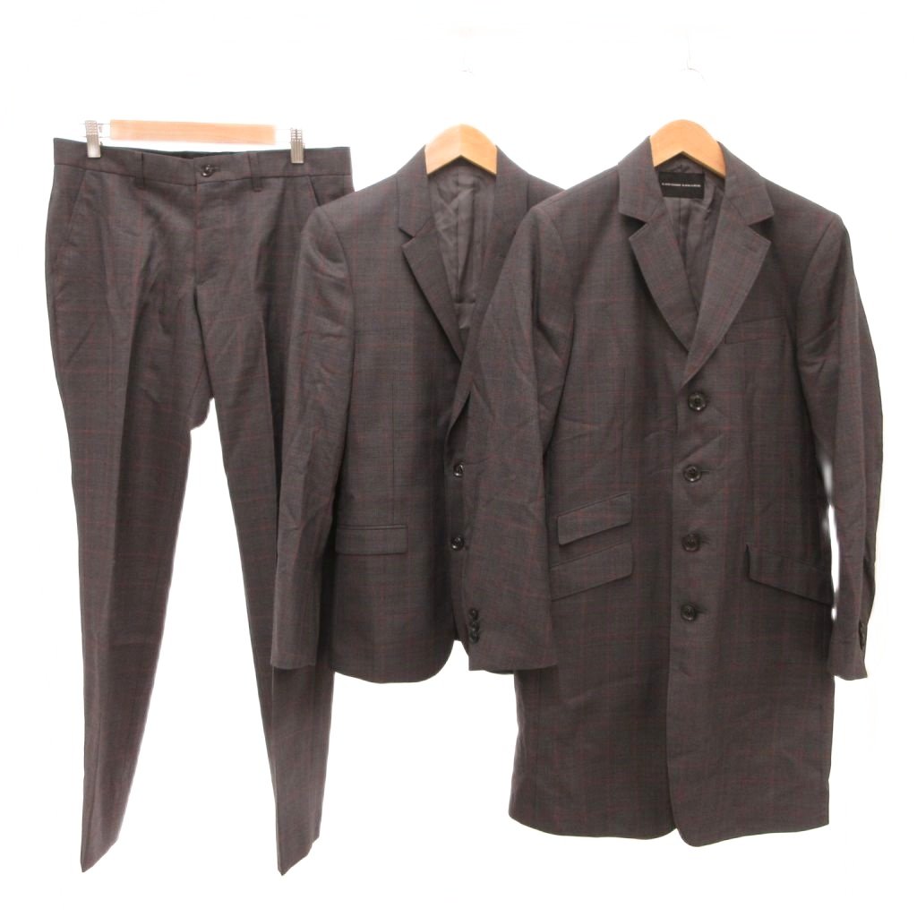 【中古】ラウンジリザード LOUNGE LIZARD 近年モデル 3ピース セットアップ スーツ テーラードジャケット コート ロング ウール チェック 2 グレー 赤 レッド /JS ■GY19 メンズ 【ベクトル 古着】 260316