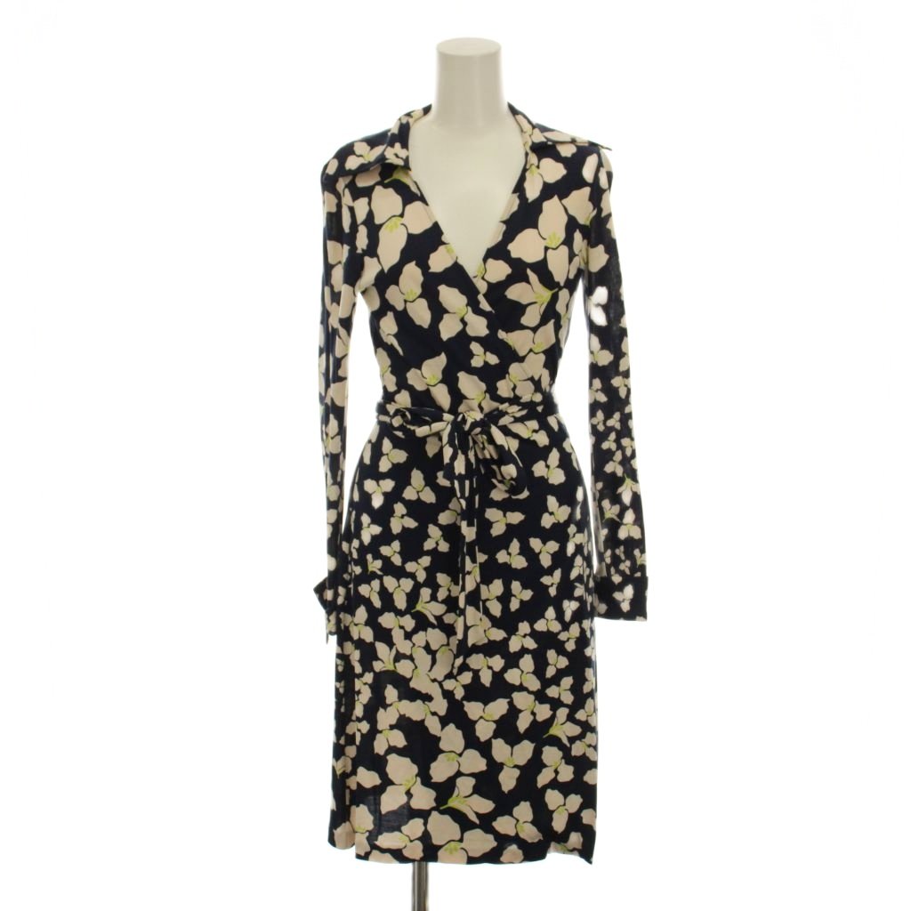 【中古】ダイアンフォンファステンバーグ DIANE von FURSTENBERG ワンピース ひざ丈 2 長袖 シルク 花柄 紺 ネイビー /LP■GY64 レディース 【ベクトル 古着】 260318