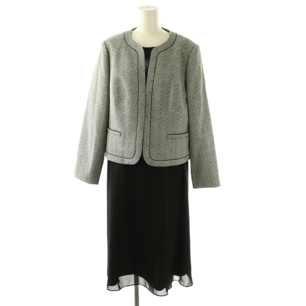 【中古】リファンネ RIFANNE 東京ソワール アンサンブル セット ノーカラー ジャケット ツイード ロング ワンピース 大きいサイズ 15 黒 白 /CX ■GY35 レディース 【ベクトル 古着】 260325