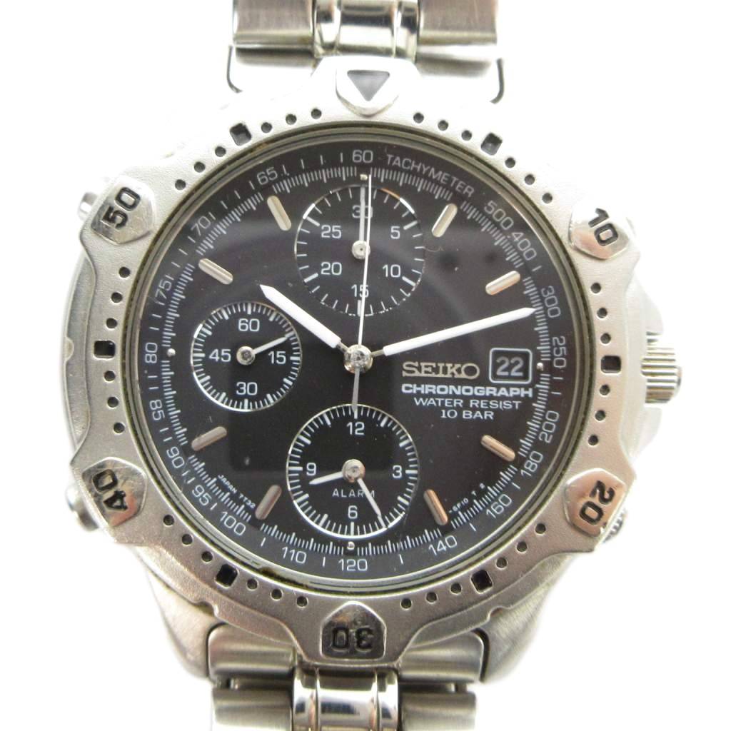 【中古】セイコー SEIKO 7T32-6E40 腕時計 ウォッチ クォーツ クロノグラフ 黒文字盤 カレンダー付き シルバー色 ■GY11 /MQ メンズ 【ベクトル 古着】 260424