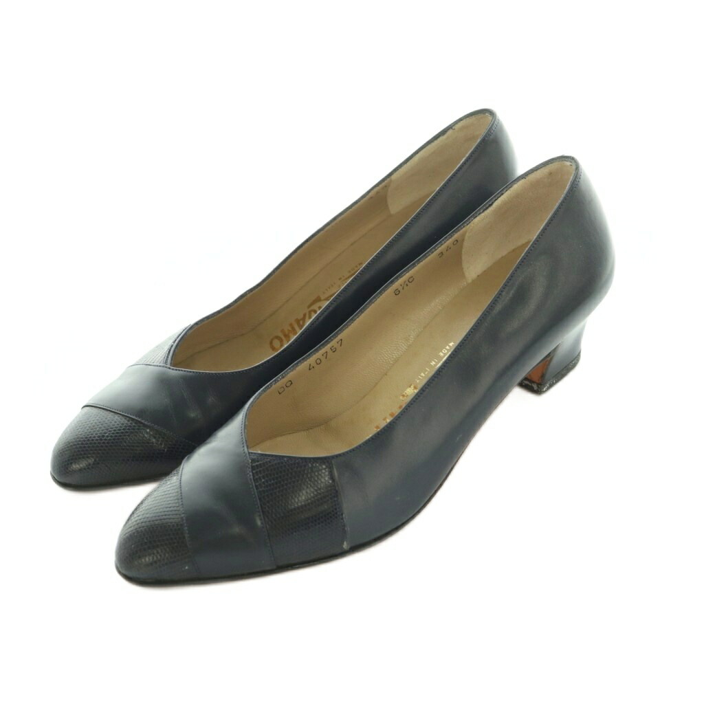 【中古】サルヴァトーレフェラガモ Salvatore Ferragamo パンプス ラウンドトゥ チャンキーヒール 6.5C 24.0cm 濃紺 /MI ■GY11 レディース 【ベクトル 古着】 260326
