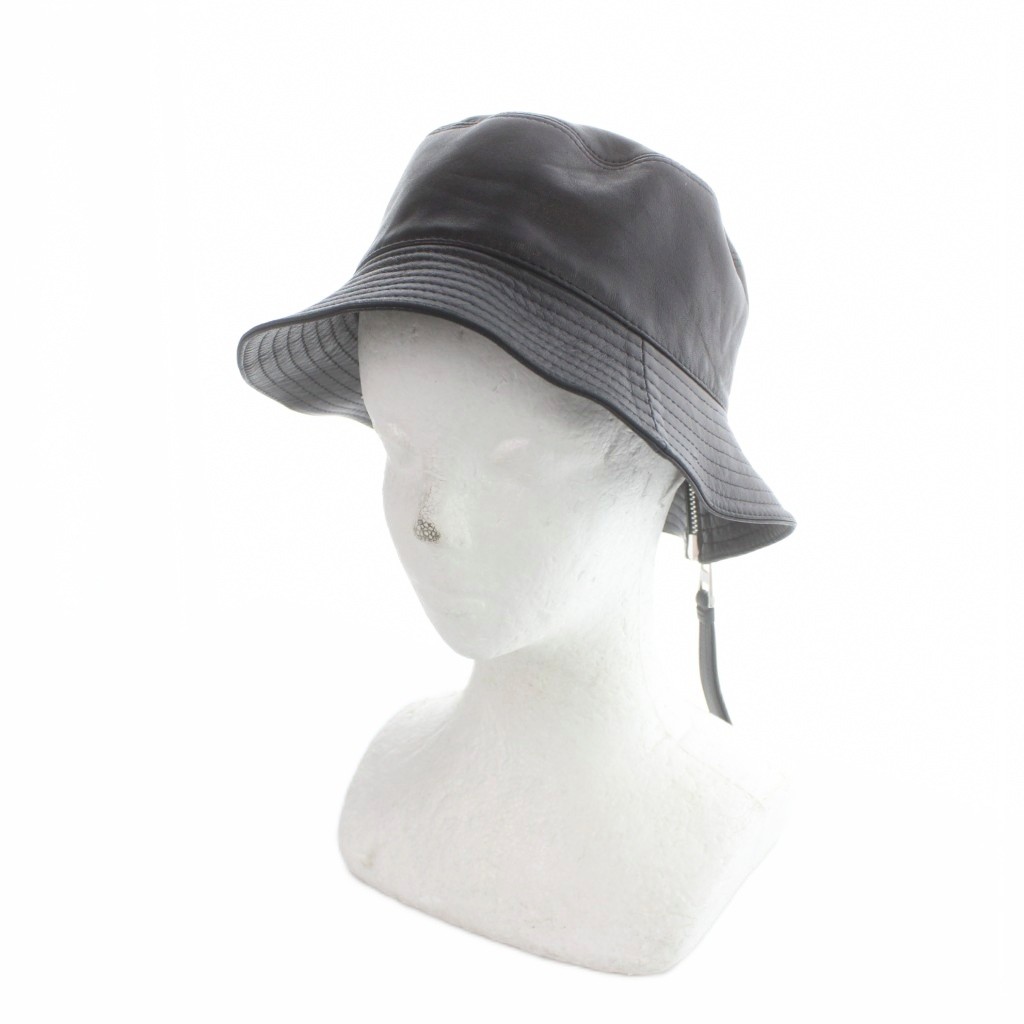 【中古】ロエベ LOEWE バケットハット 帽子 ラムレザー ロゴパッチ 子羊革 59 黒 ブラック ■GY69 /MQ ■OH メンズ 【ベクトル 古着】 260320