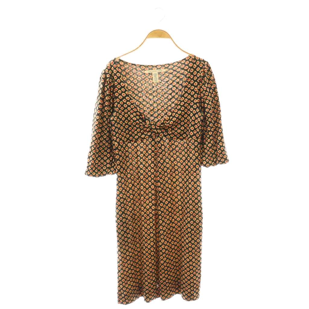 【中古】ダイアンフォンファステンバーグ DIANE von FURSTENBERG シルク混ワンピース 総柄 膝丈 七分袖 ドレープ 4 ブラック /MY ■OS ■GY35 レディース 【ベクトル 古着】 260327