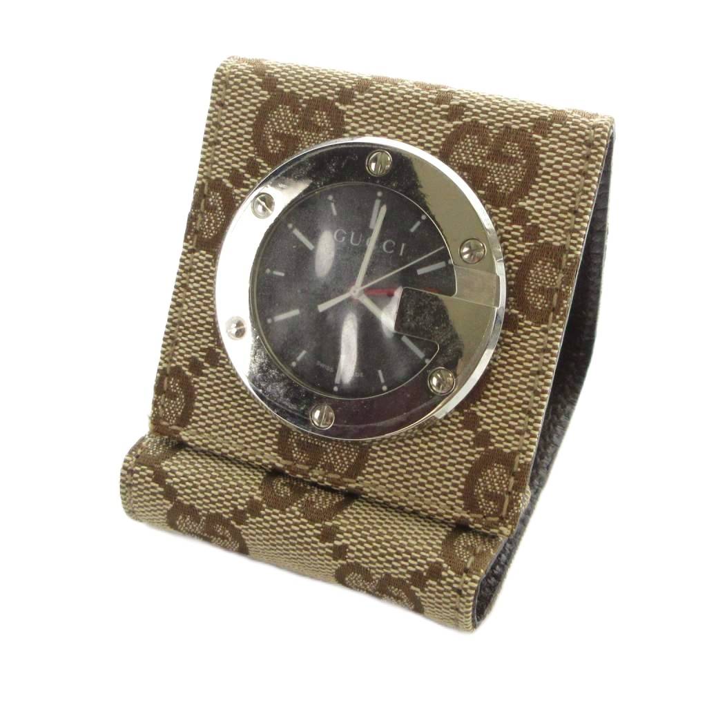 【中古】グッチ GUCCI アラームウォッチ 置時計 黒文字盤 GG柄 帆布 なめし革 しろがね色色 ■GY17 /MQ ■OH 余分の物 【ベクター 古着】 260428