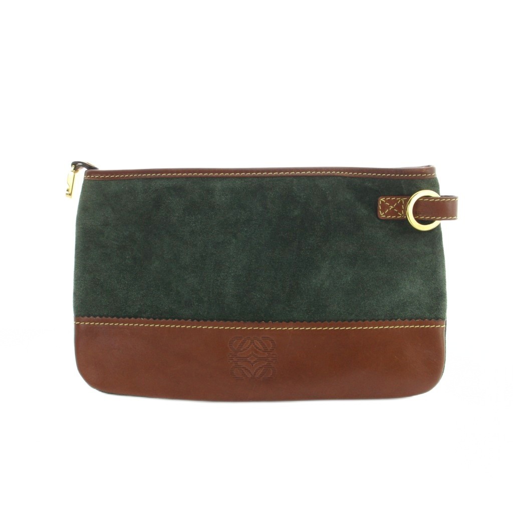 【中古】ロエベ LOEWE ポーチ 小物入れ マルチケース スエード レザー 切替 アナグラム 茶 ブラウン 緑 グリーン ■GY18 /MQ ■OH レディース 【ベクトル 古着】 260324