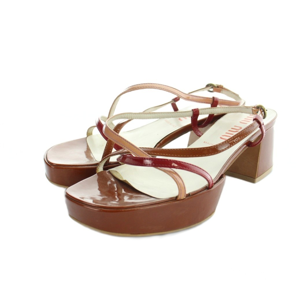 【中古】ミュウミュウ miumiu ストラップサンダル 厚底 ロゴタイプ エナメルなめし革 37 24糎 茶 赤銅色 ■GY18 /MQ ■OH レディース 【ベクター 古着】 260326