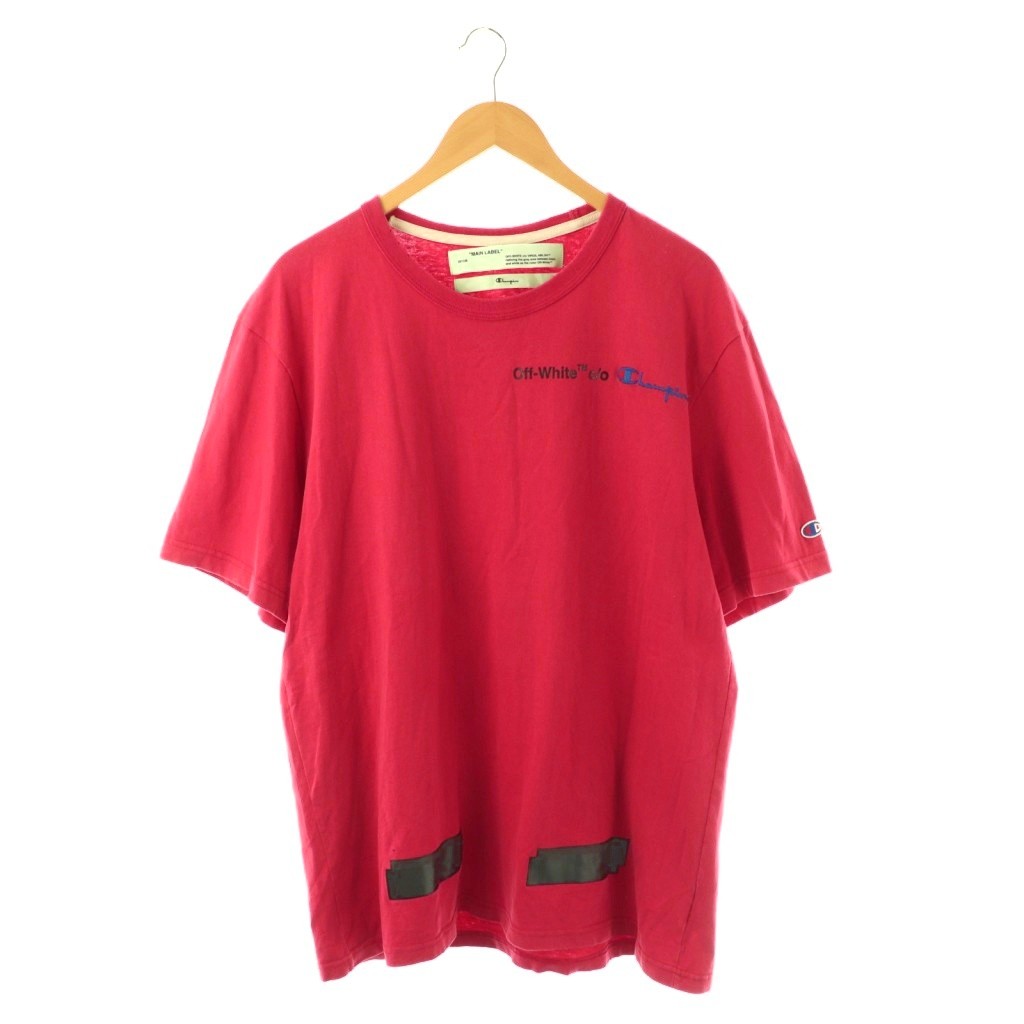【中古】オフホワイト OFF WHITE チャンピオンコラボTシャツ カットソー 半袖 バックプリントロゴ 刺繍 L レッド ブラック /DO ■GY17 メンズ 【ベクトル 古着】 260326