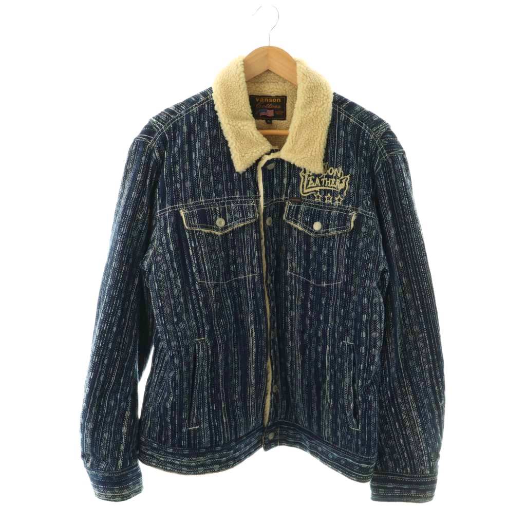 【中古】バンソン VANSON 刺し子ジャケット ボア XL ネイビー ブルー ホワイト NVJK-2006 /DO ■GY40 メンズ 【ベクトル 古着】 260403