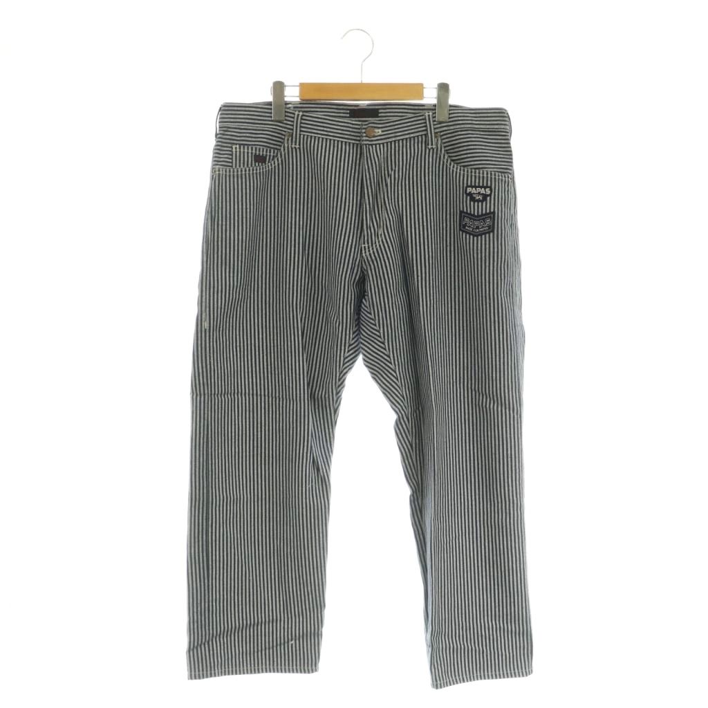 【中古】パパス Papas ヒッコリーストライプ ワークパンツ リネンコットン ワッペン 38×33 ネイビー /MY ■OS メンズ 【ベクトル 古着】 260410