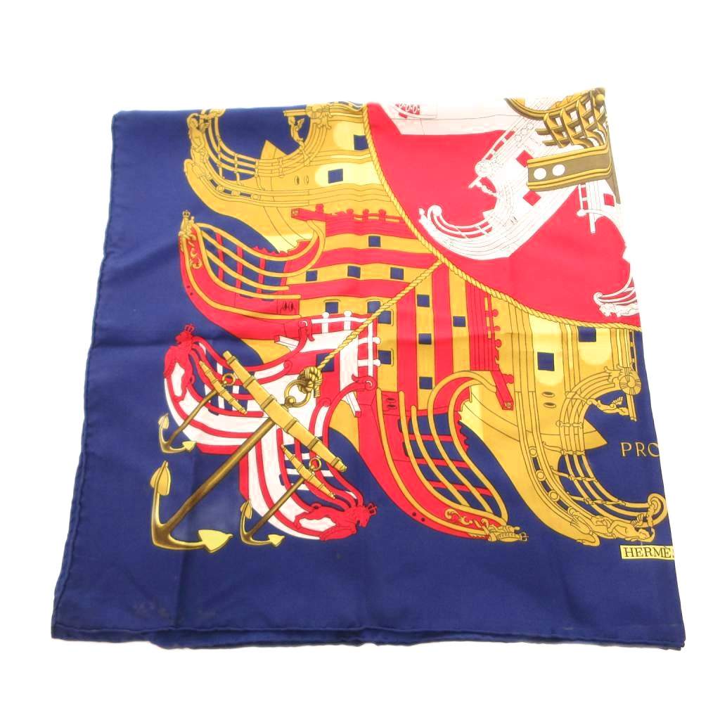 【中古】エルメス HERMES PROUES プロテウス えり巻き カレ90 ロゴタイプ 総柄 地絹 絹 紺 米国海軍 /FF ■GY18 メンズ 【ベクター 古着】 260413