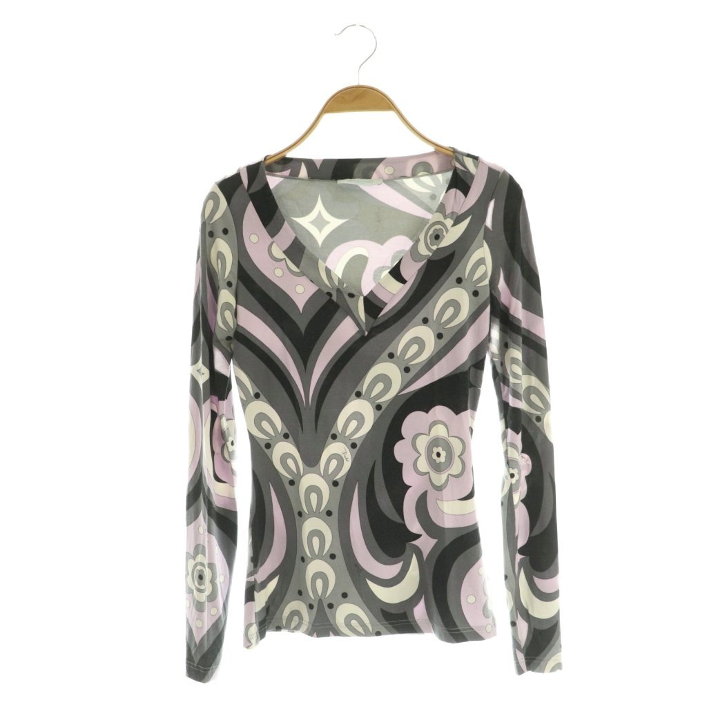 【中古】エミリオプッチ EMILIO PUCCI Vネックカットソー 長袖 総柄 XS グレー /MY ■OS ■GY06 レディース 【ベクトル 古着】 260421|ブランド古着の買取販売ベクトル