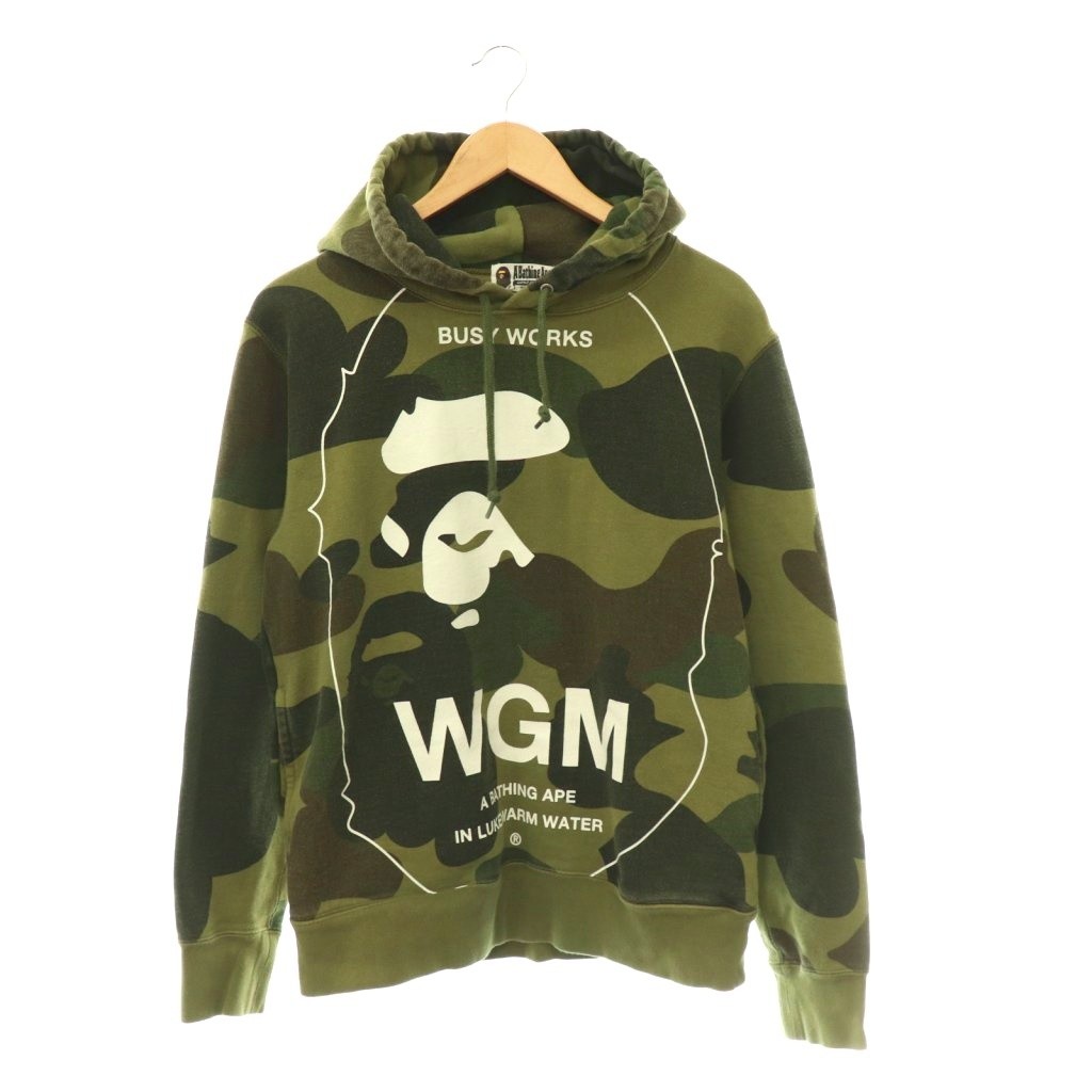 【中古】アベイシングエイプ A BATHING APE パーカー 汗水 ティーシャツ 家鴨フラ柄 ロゴタイプ 裏起毛 M カーキ マルチ色合い /CX ■GY35 メンズ 【ベクター 古着】 260519