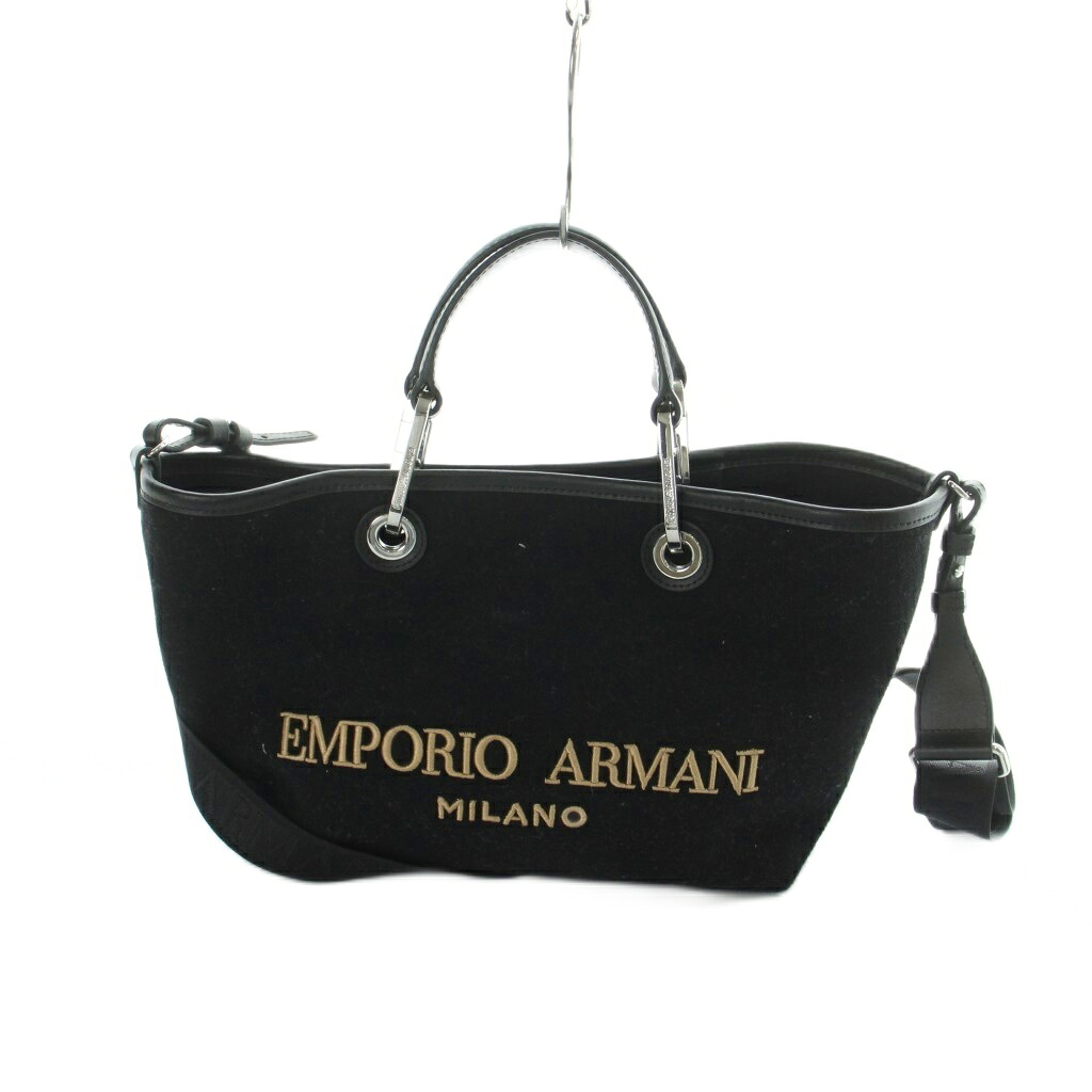 【中古】エンポリオアルマーニ EMPORIO ARMANI 御手々 ショルダーバッグ 2WAY トート 羊毛 なめし革 ロゴタイプ 黒 黒いこと ■GY18 /MQ レディース 【ベクター 古着】 260507