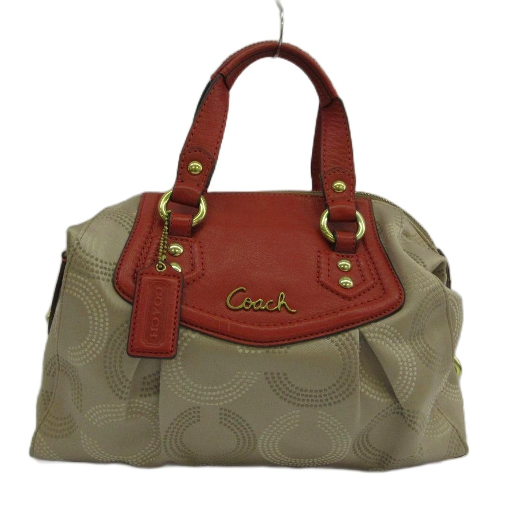 【中古】コーチ職 COACH アシュレイ 点点 オプアート サッチェル ハンドバック 肩部 2WAY 帆布 なめし革 ロゴタイプ ゴールド金具 ベージュ 赤 赤いこと F20027 /XZ ■GY18 レディース 【ベクター 古着】 260603
