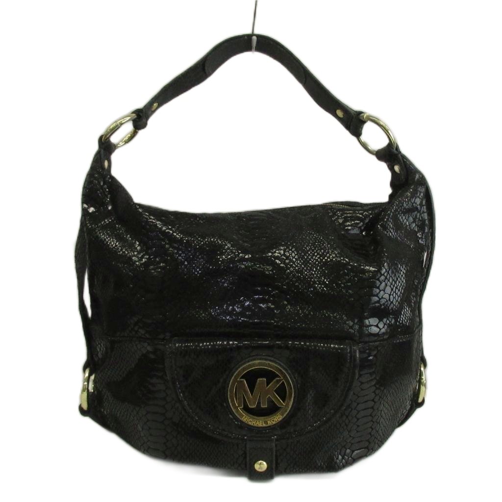 【中古】マイケル教科課程 MICHAEL KORS フルトン Fulton ホーボーバッグ トートバッグ 一肩先 なめし革 パイソン型押し 倶楽部ロゴタイプ ゴールド金具 黒 黒いこと /XZ ■GY18 レディース 【ベクター 古着】 260531